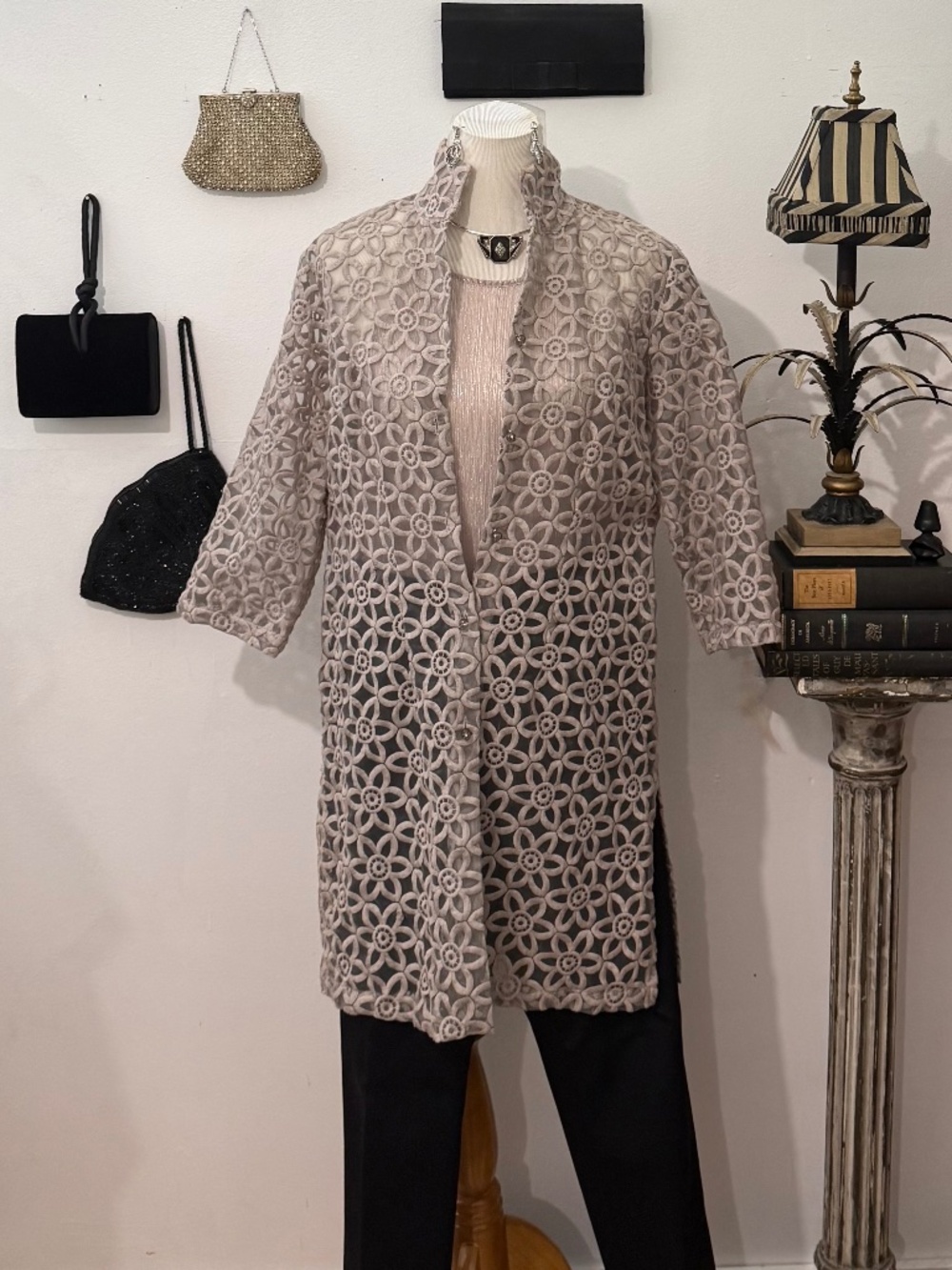 Connie Roberson Taupe Appliqué Floral Cutout Sheer Duster. Quiet Luxury. Size M